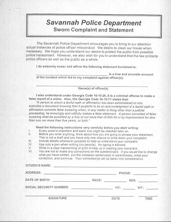Page 1 Complaint against Savannah Police Department